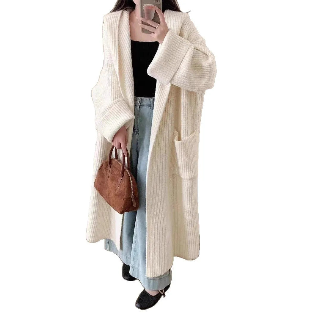 Women's loose hooded acrylic cardigan coat with raglan sleeves in milky white colour