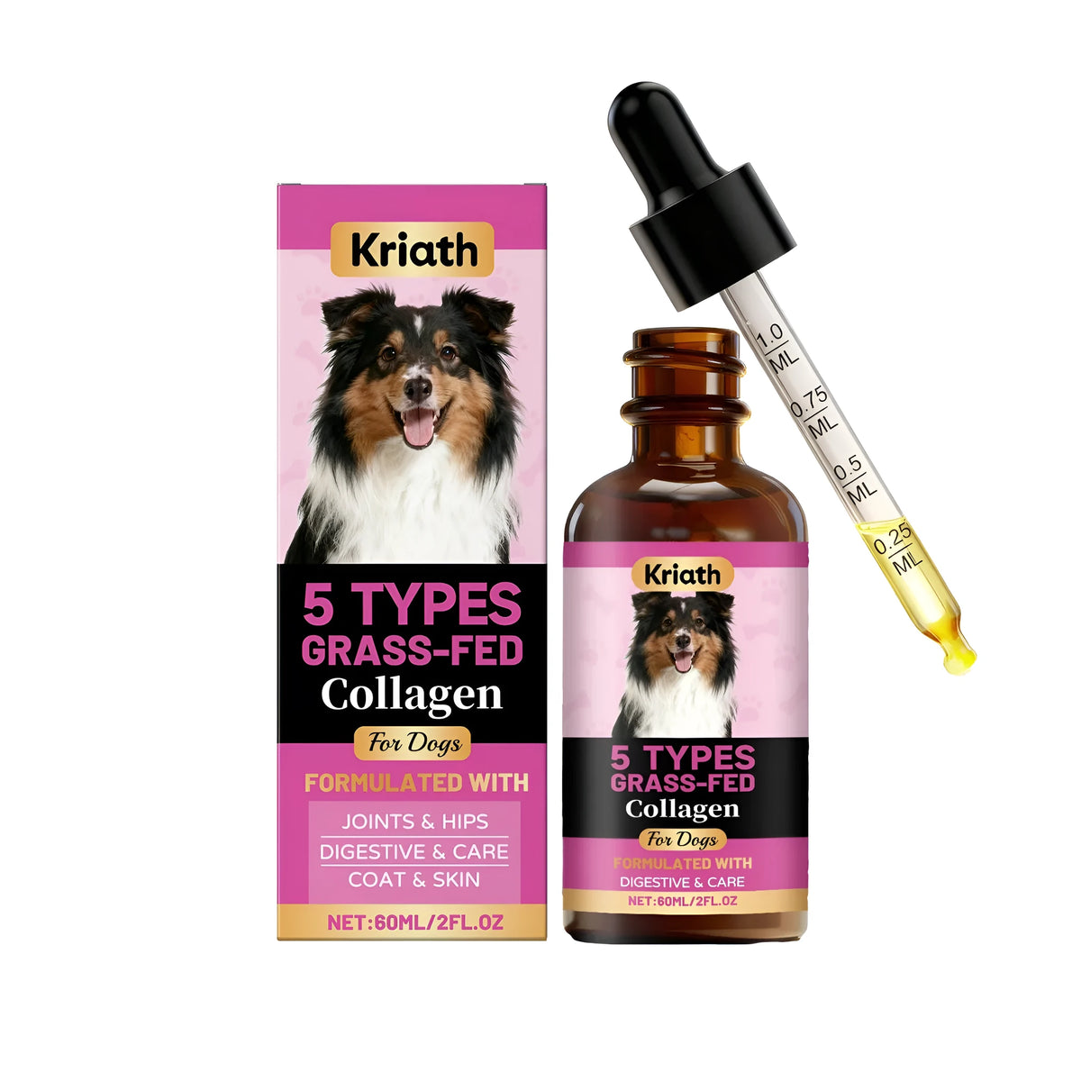 Dog Collagen Drops 60ml bottle with dropper, containing collagen types I II III V X, glucosamine, chondroitin, MSM, and probiotics
