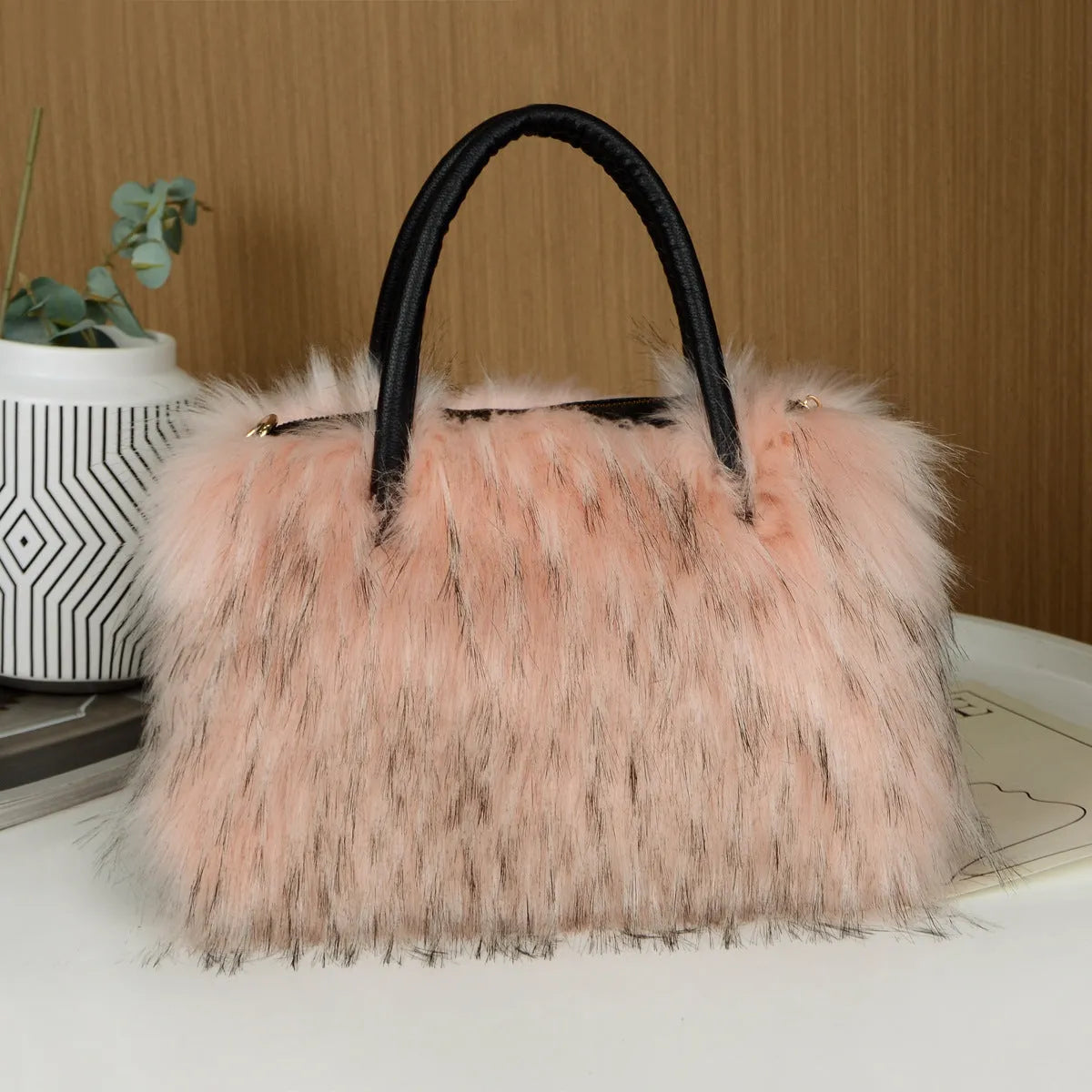 Soft plush handbag shoulder tote with double straps and three-dimensional outer pocket in multiple colours