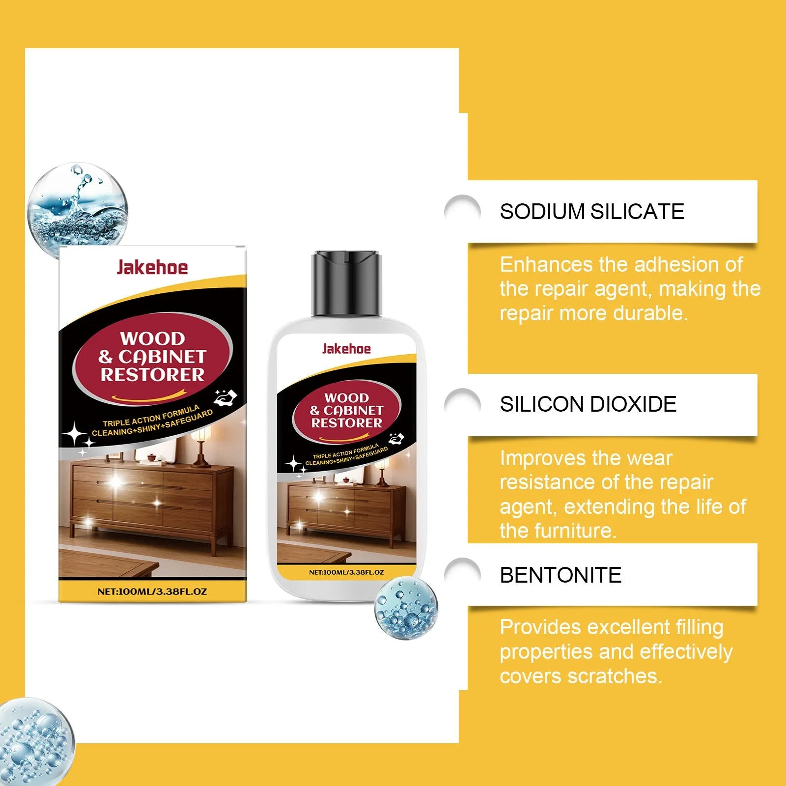 Wooden furniture scratch care agent kit showing 100ml bottle and microfibre towel