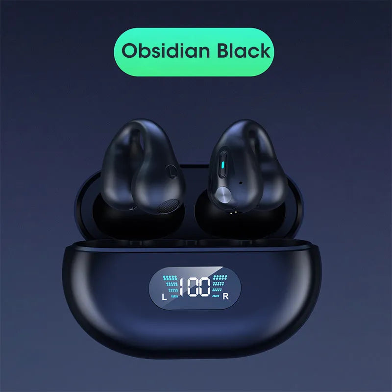 Bone conduction Bluetooth headset clip in black, white, or khaki colours showing ear-clip design