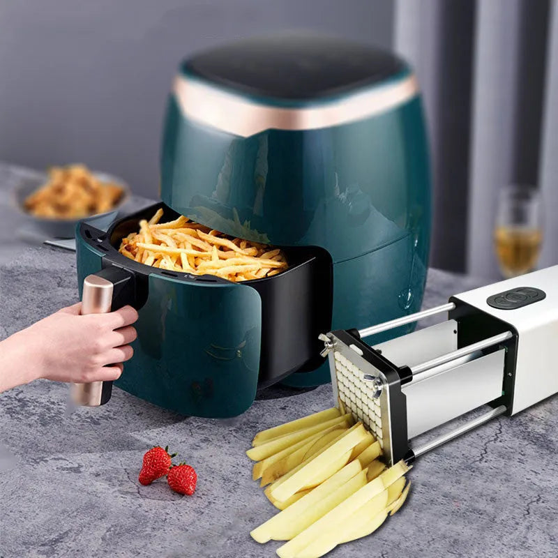 Black electric french fry cutter machine with stainless steel blades on a kitchen countertop.