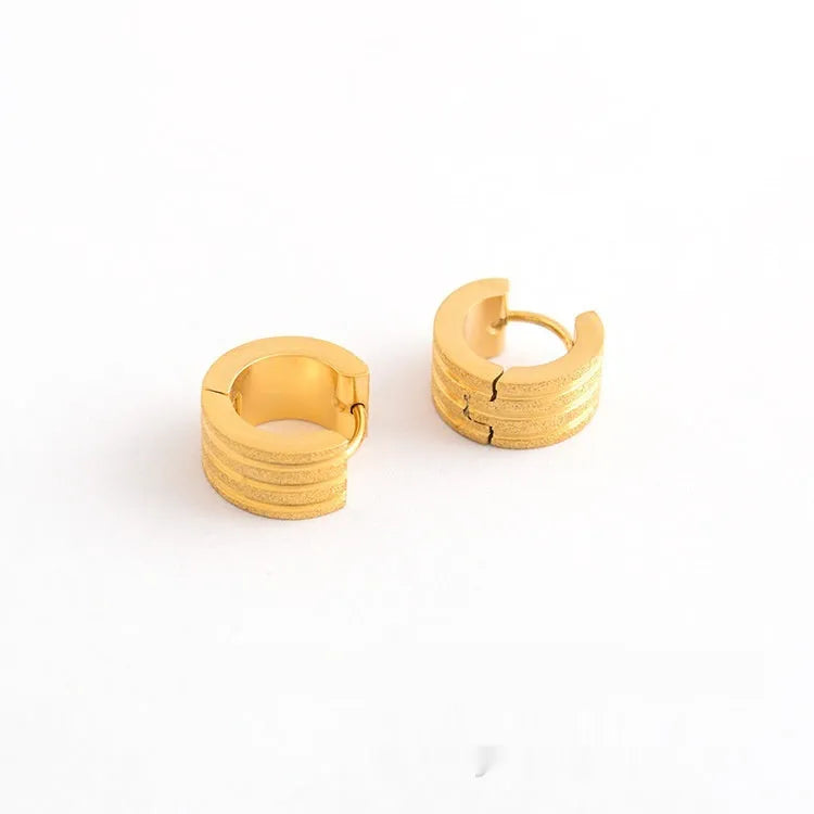 Korean style geometric titanium steel earrings with three-line frosted design in black, gold or steel colour options