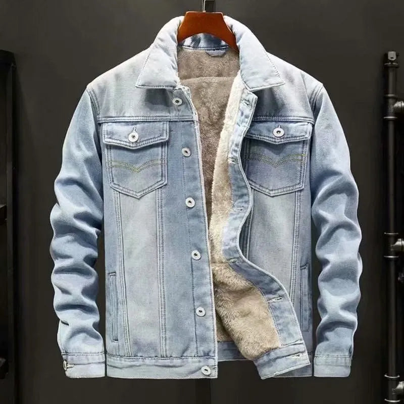 Men's loose fit fleece lined denim jacket in Dark Blue, cotton workwear top for autumn