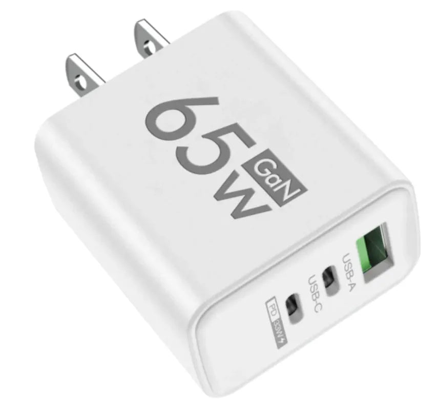 65W white frosted square multi-port charger with 1 USB and 2 PD ports on a white background