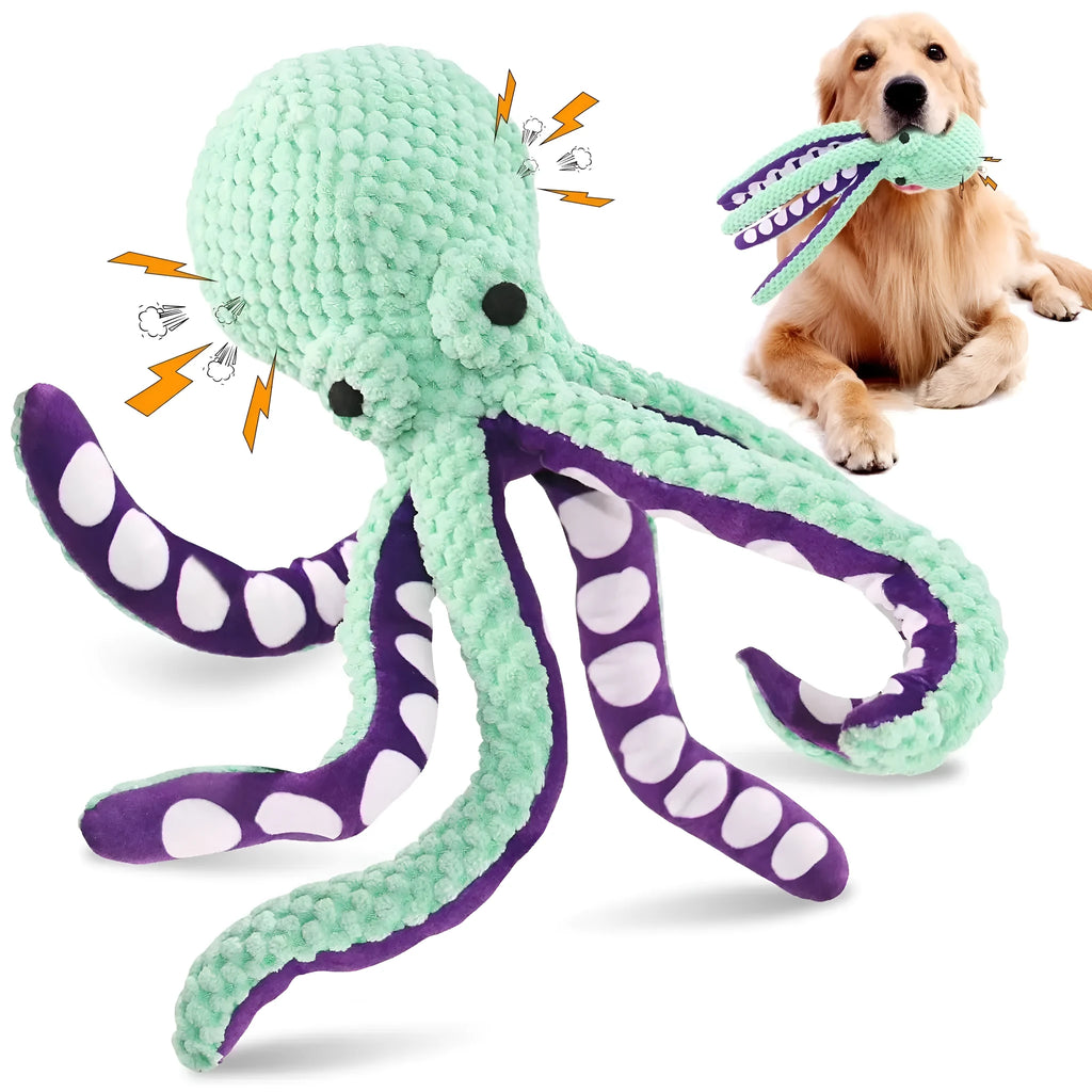 Blue plush octopus dog chew toy with six legs and squeaker for interactive play