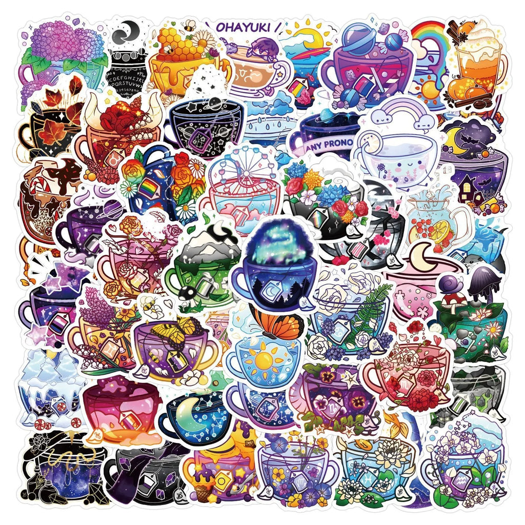Pack of 50 colourful tea cup graffiti waterproof stickers in Nordic style for DIY luggage and scooter decoration.