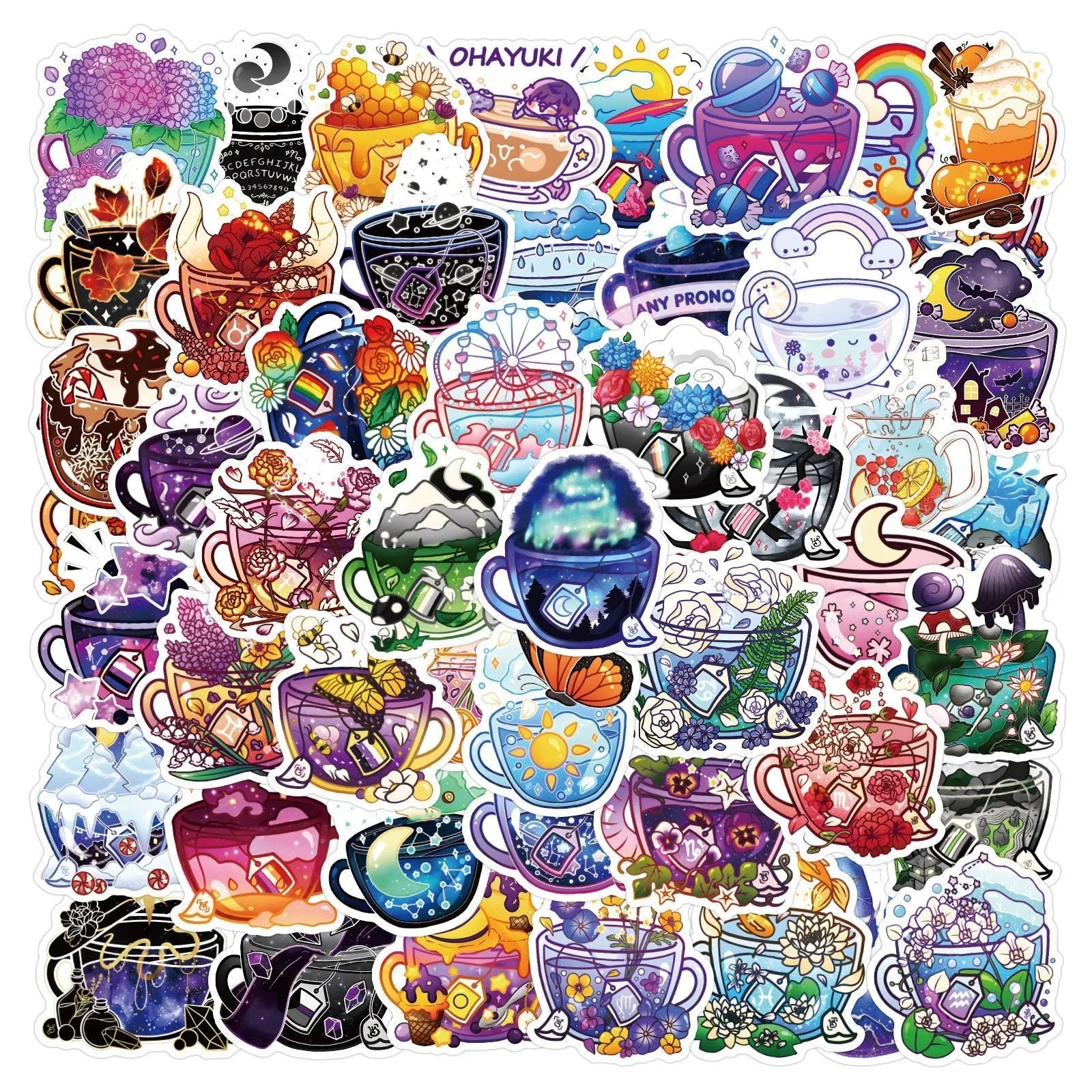 Pack of 50 colourful tea cup graffiti waterproof stickers in Nordic style for DIY luggage and scooter decoration.