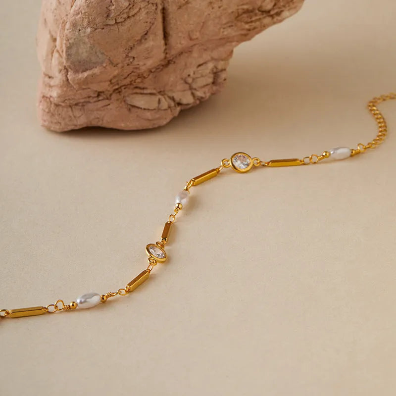 18K gold copper electroplated bracelet with inlaid zircon and ABS pearl for women