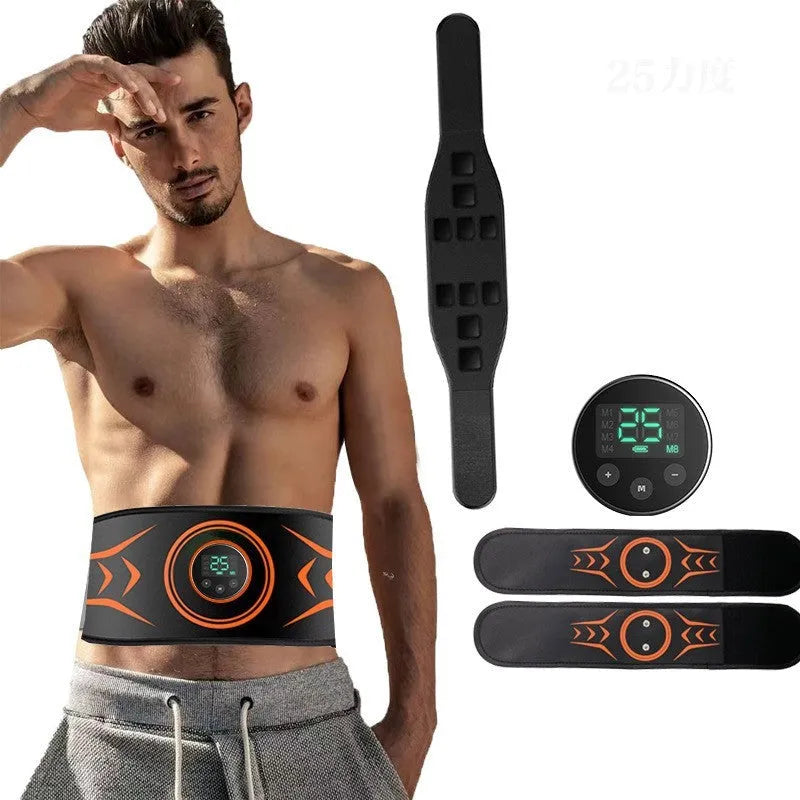 Rechargeable EMS abdominal training belt with extension strap and arm stickers for muscle stimulation