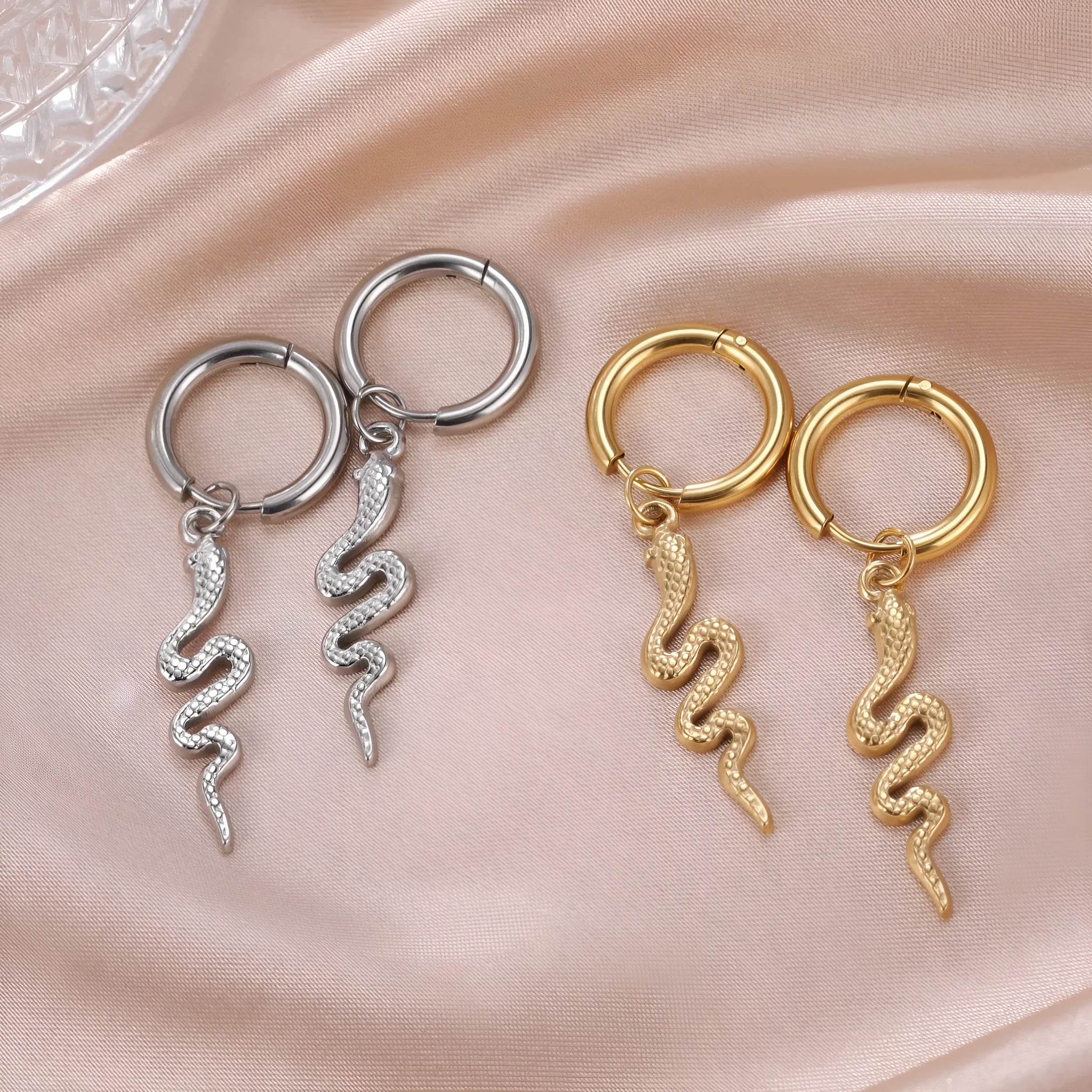 Gold plated stainless steel snake vintage clip-on earrings