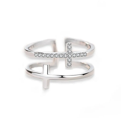 Adjustable copper ring with clear zircon stone in geometric setting, shown in gold electroplated finish