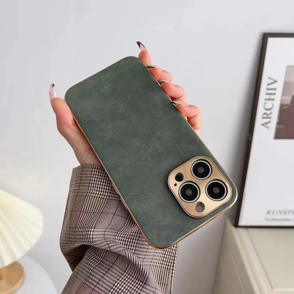 Leather texture TPU phone case for iPhone models in black, blue, grey, and grey-green colours.