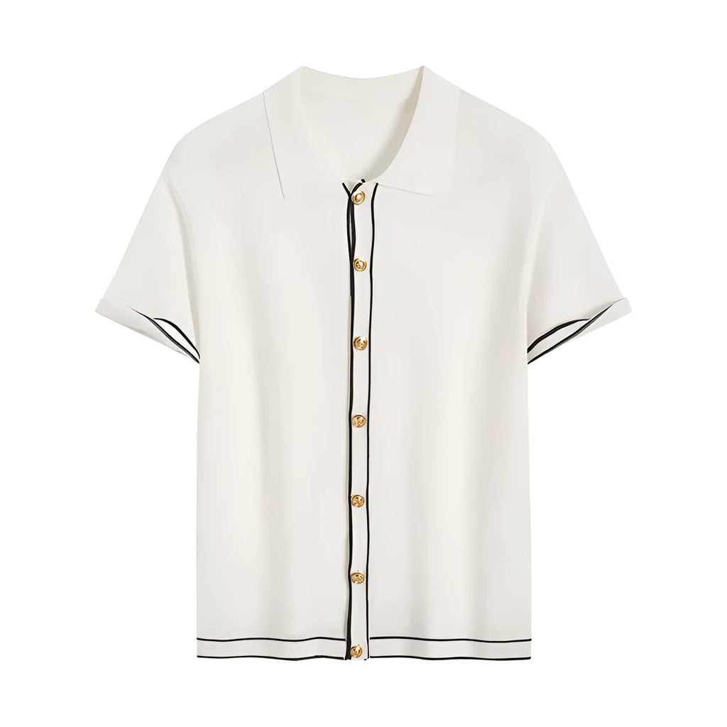 White short sleeve cardigan with contrasting lapels laid flat