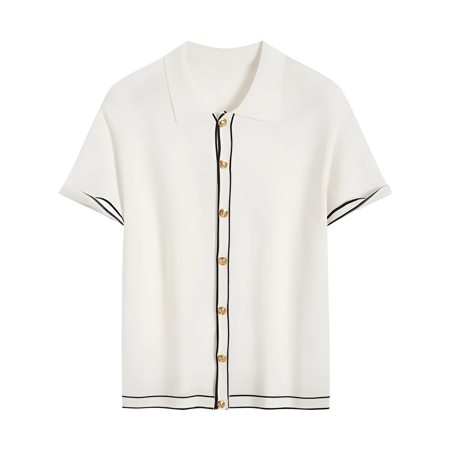 White short sleeve cardigan with contrasting lapels laid flat