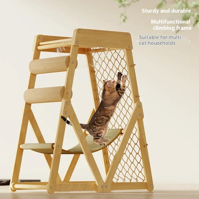 Creative Home solid wood sisal cat scratching column with climbing net in simple style