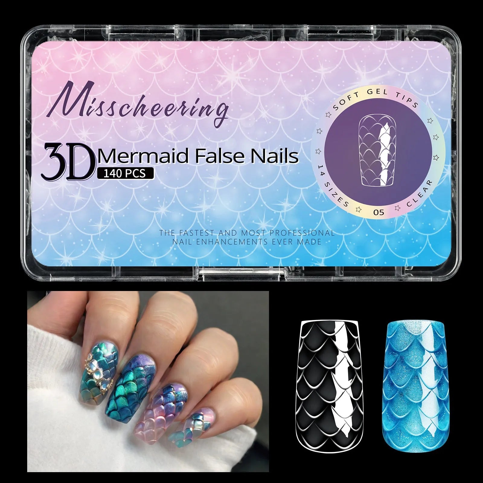 Pack of 3D Scale Long Shaping Nail Tips showing textured surface, labelled with Frigate Box variant code.