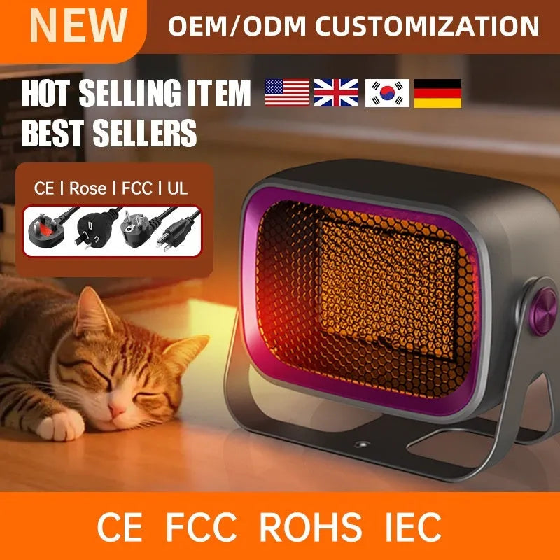 White PTC ceramic desktop heater with rotatable design showing control buttons and compact dimensions