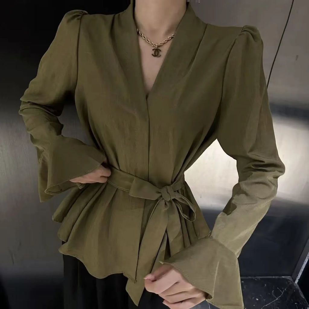 Women's French-style shirt with irregular collar, bell sleeves and tied front detail