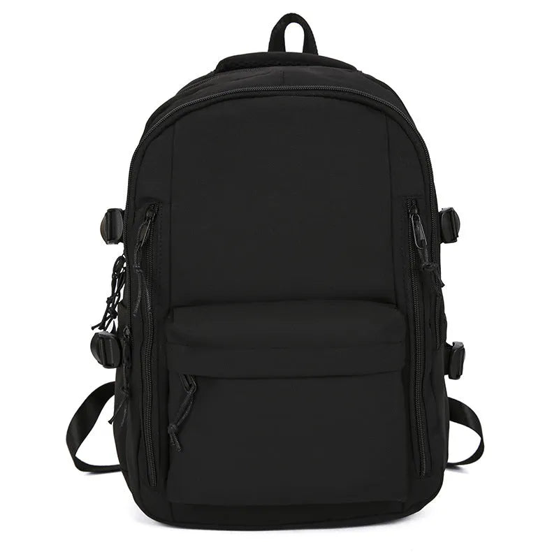 Women's large capacity solid colour schoolbag in black with curved shoulder strap and nylon material