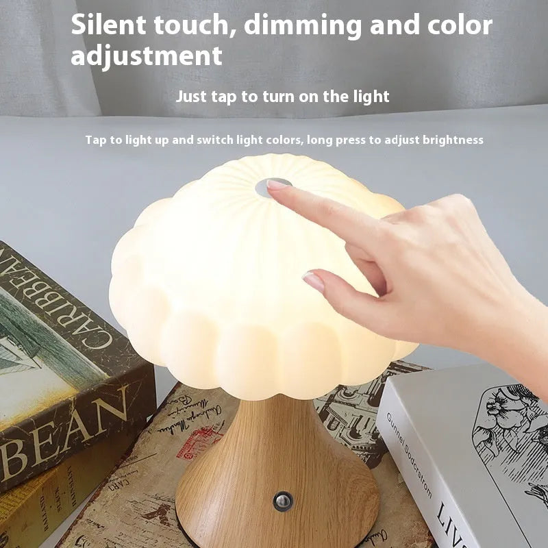 Creative mushroom-shaped touch night lamp in wood grain, white, cream, grey, or black colour options