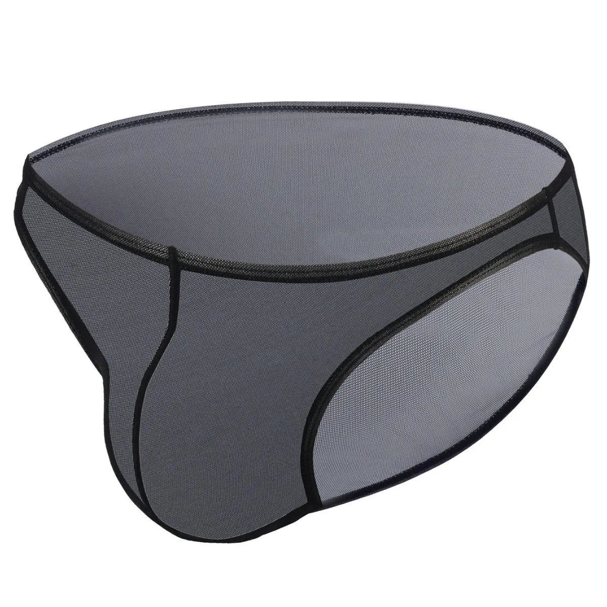 Men's black quick-dry nylon briefs with a low-waisted triangle cut on a white background.