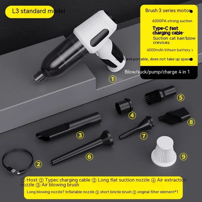 Black cordless handheld car vacuum cleaner with attached brush nozzle and charging cable.