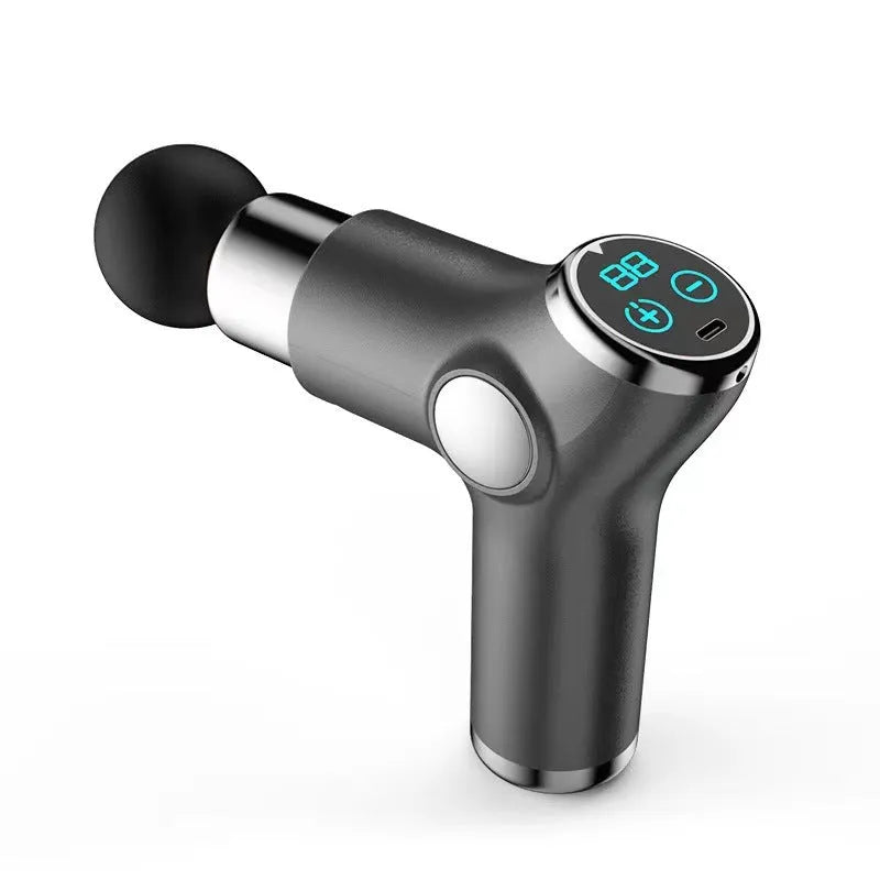 Portable mini fascia gun with touch screen interface and four massage heads in black, grey, green, red colours