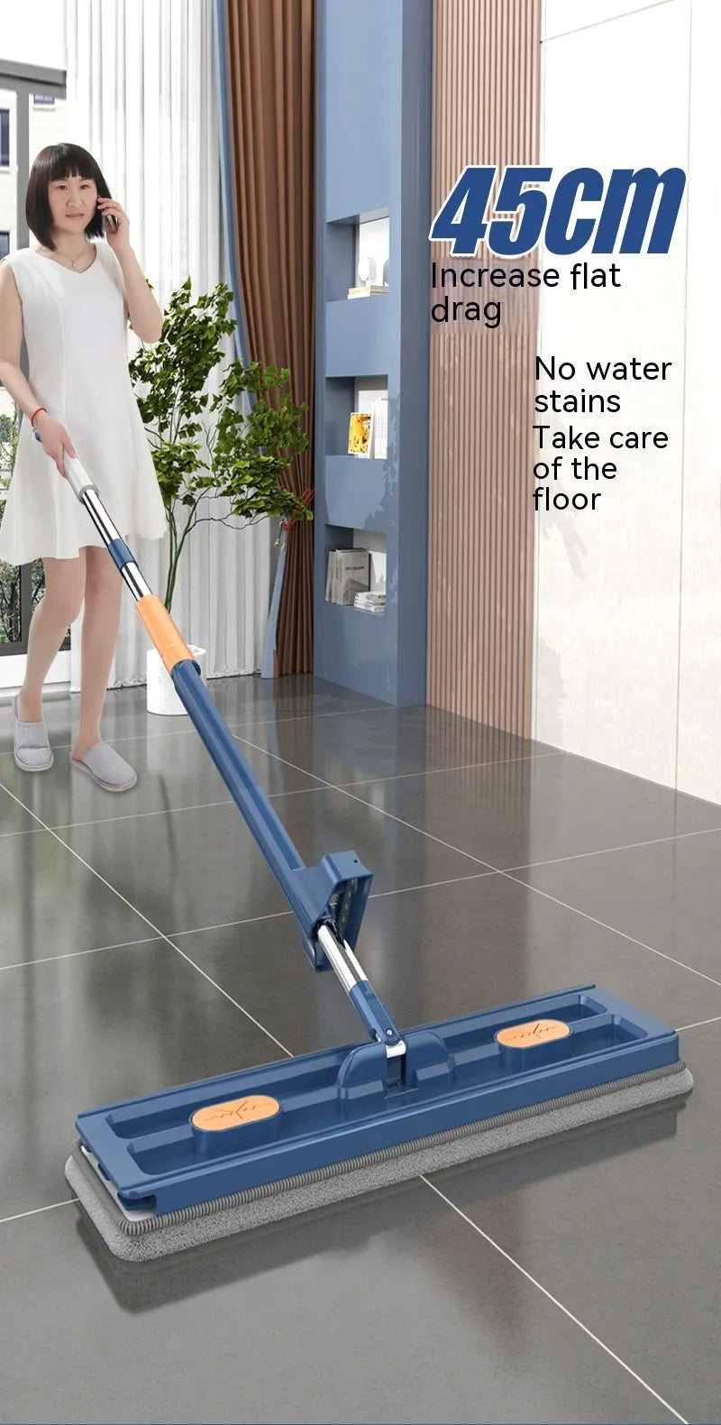 New style large flat mop with 137cm stainless steel handle, 360 rotating head, fine fibre cloth, white or blue, for hard floors