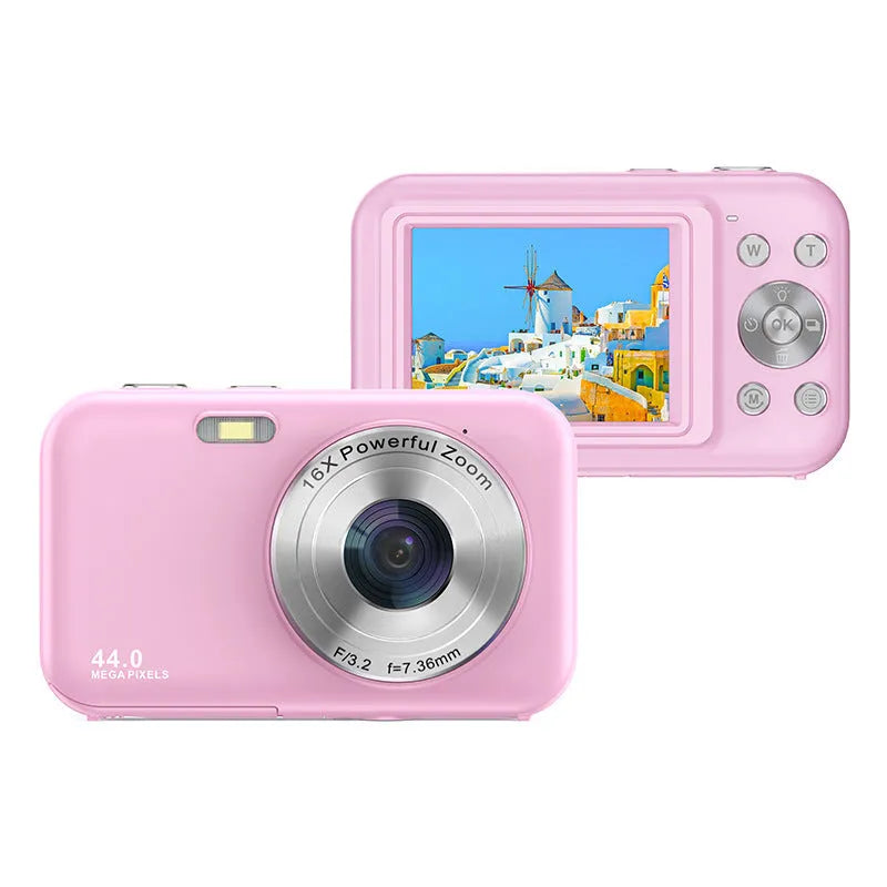 Children's digital camera in colours black, green, pink, purple with 2.4-inch screen, 44MP and 16X zoom.
