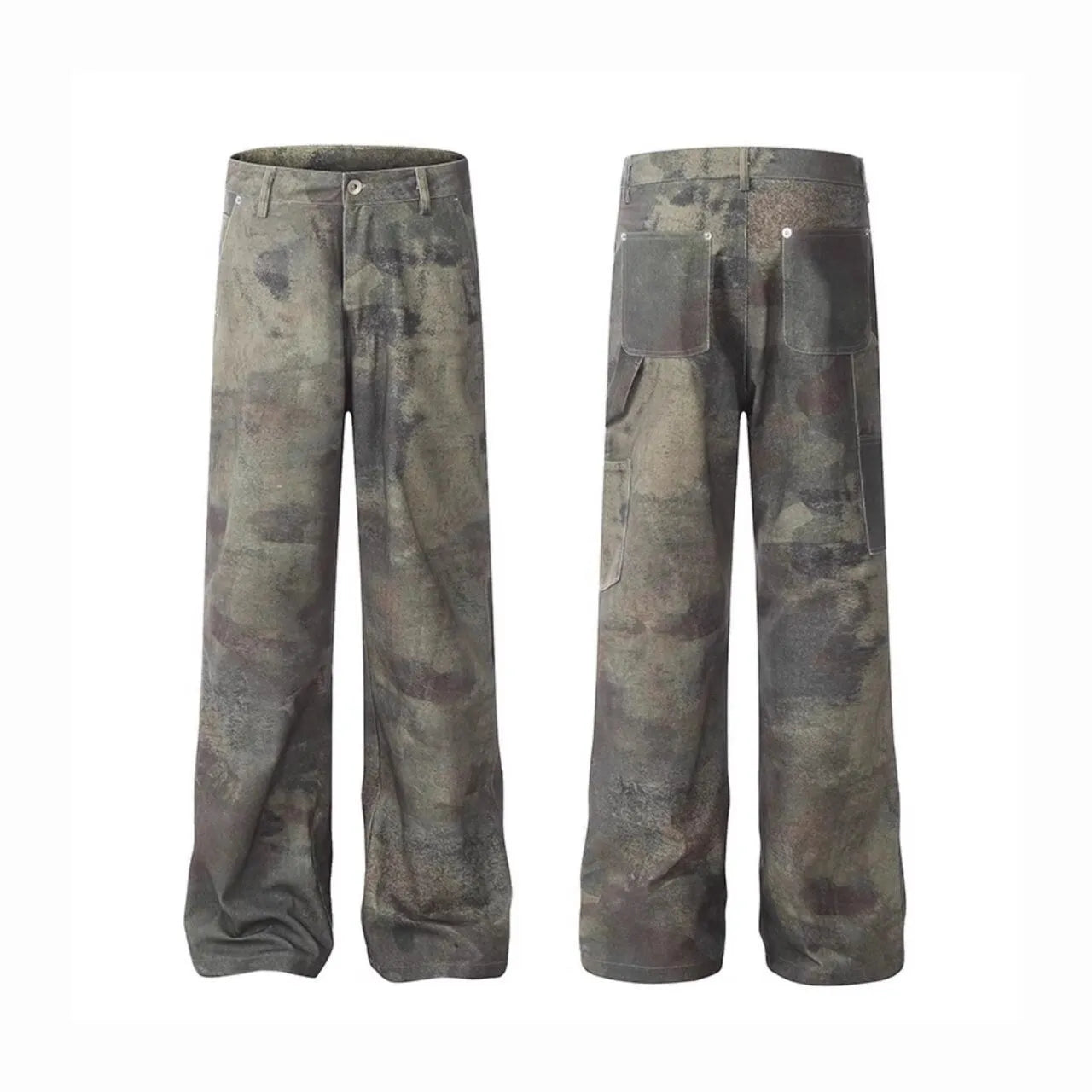 Men's straight leg jeans with a retro digital camouflage print on blue denim fabric.