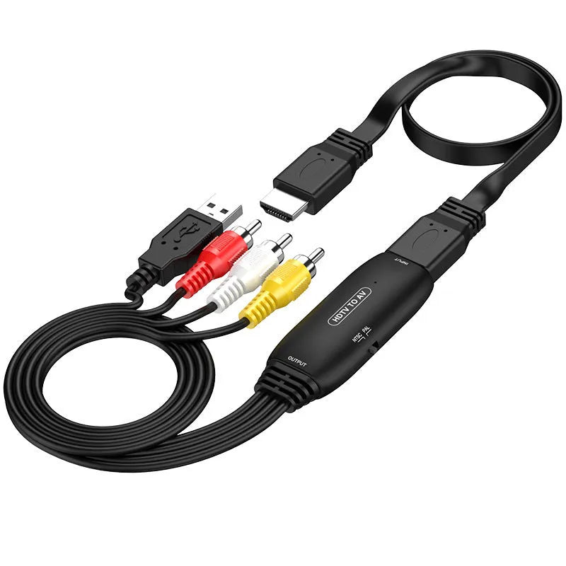 HDMI to AV converter cable with 110cm length showing HDMI connector and AV output options