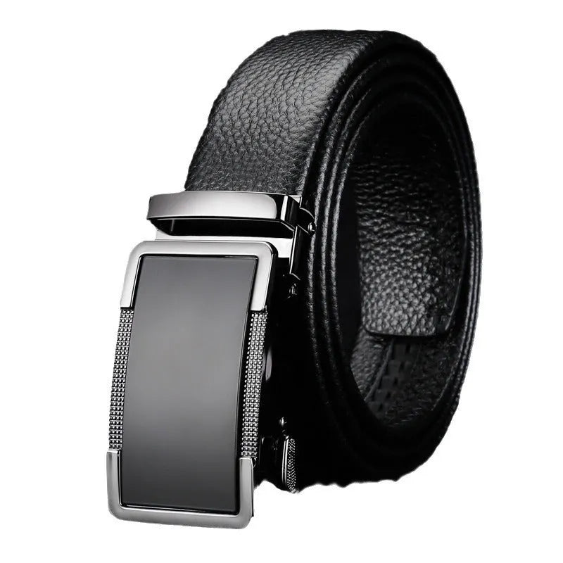Men's leather belt with an automatic alloy buckle in gun black, silver, or gold colour options.