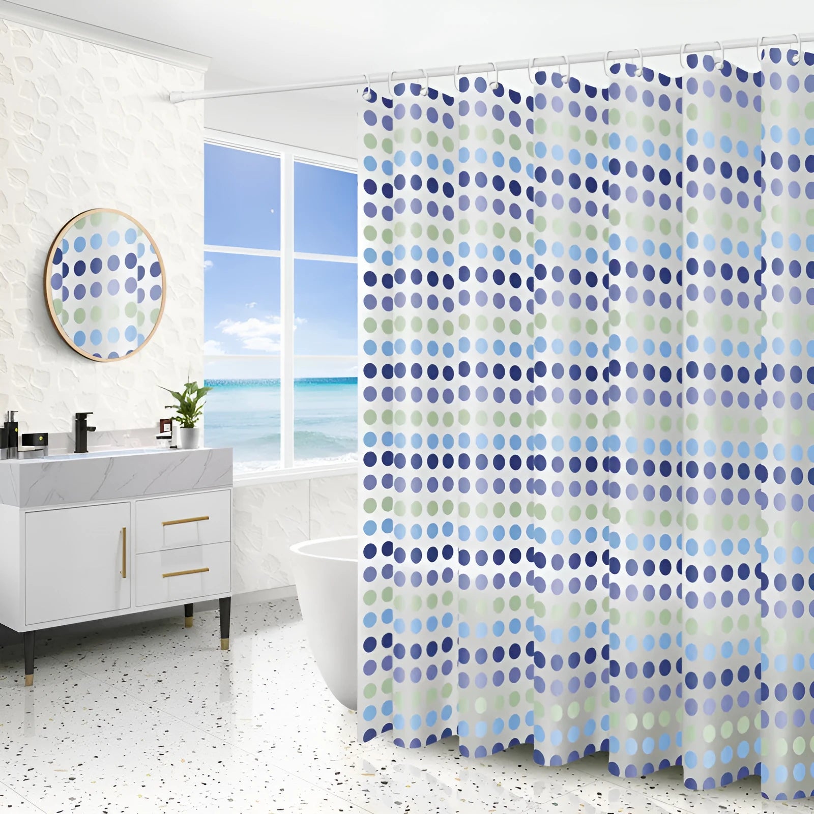PEVA shower curtain with stainless steel buttonholes in a geometric pattern, available in multiple sizes and colours