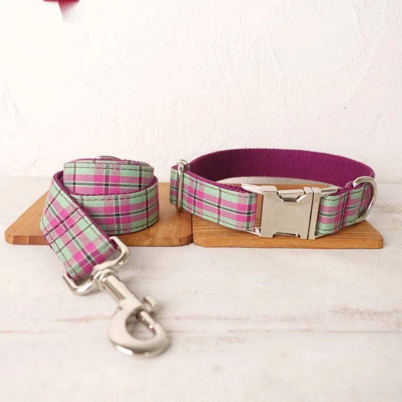 Mint green polyester dog collar and matching lead set shown in five available sizes