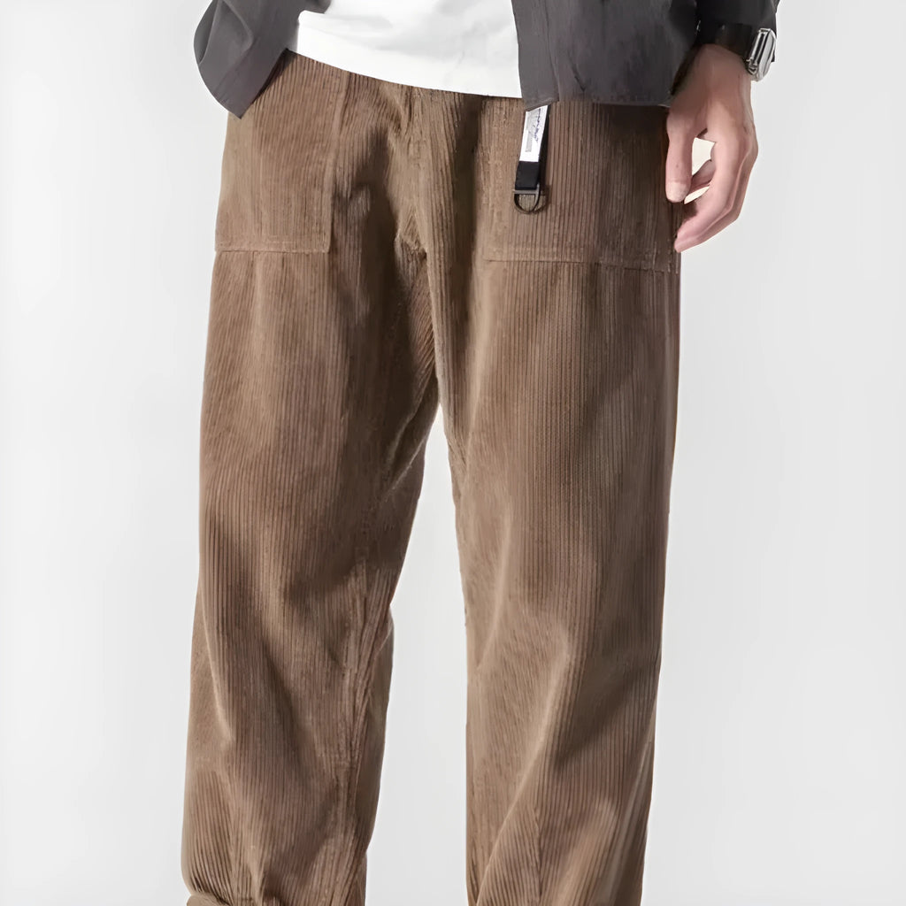 Loose straight tapered trousers in chemical fibre blend fabric, available in multiple sizes and colours