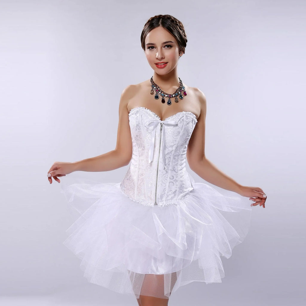 Women's black spandex jacquard corset with a front zip closure for waist support.