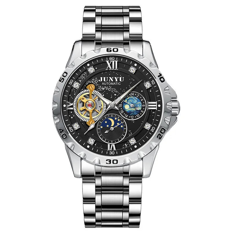 Men's automatic mechanical watch with waterproof and luminous features, rose gold case and black starry sky dial