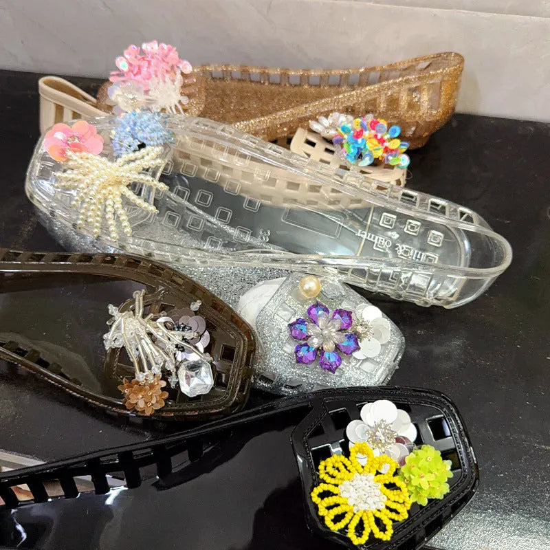 Square toe gel leisure slipper in various colours with transparent and metallic options on a PVC sole.