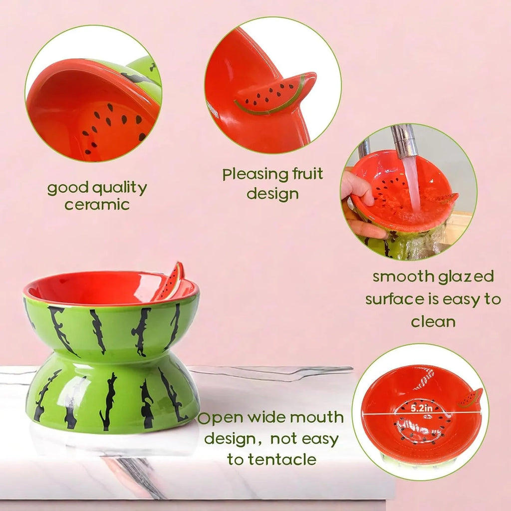 Ceramic elevated cat bowl with tilted orange fruit pattern and non-slip base.