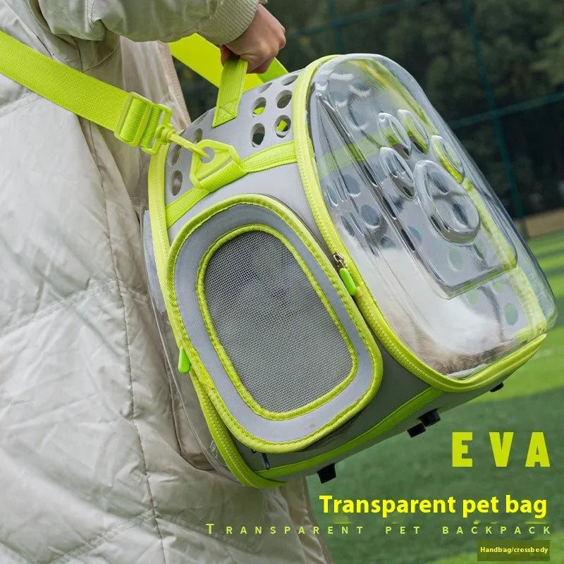 Transparent EVA space capsule cat backpack carrier in grass green colour with large 42x28x35cm interior