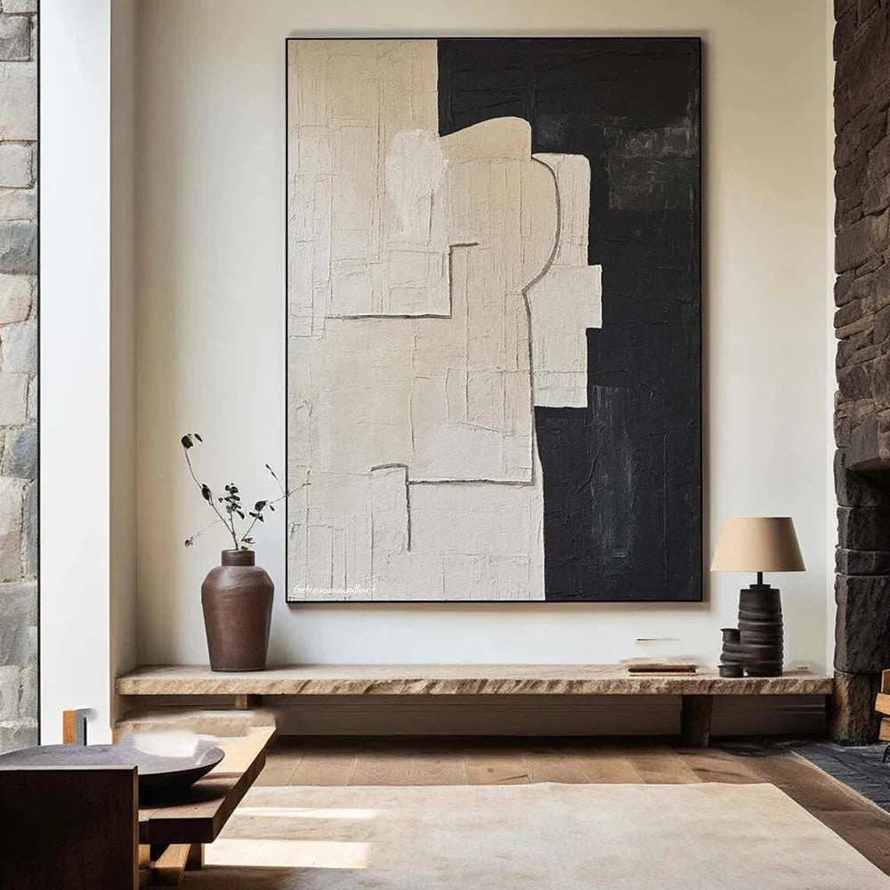 Handmade modern abstract black and white textured oil painting on canvas, rolled and unstretched, suitable for living room wall decor