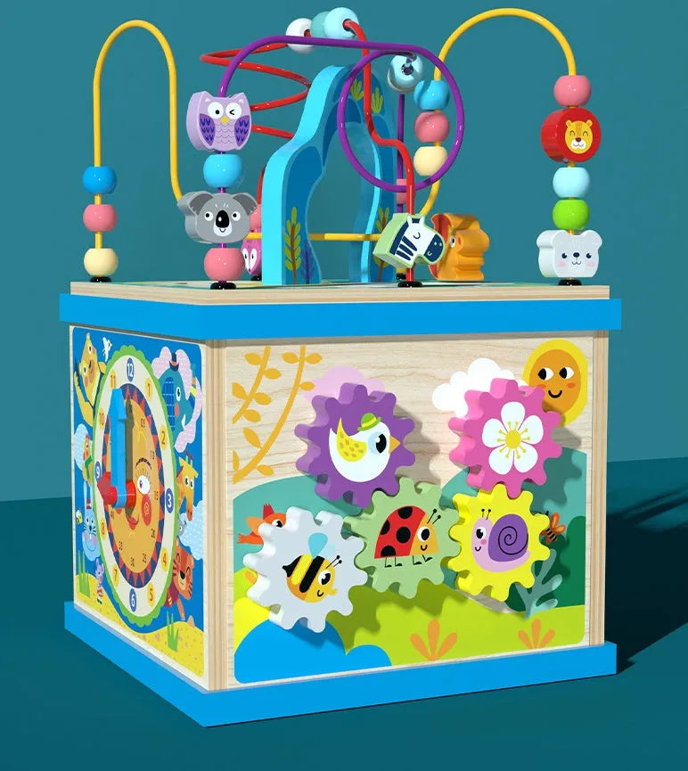 Blue wooden bead treasure box toy with multiple play scenes for babies and children
