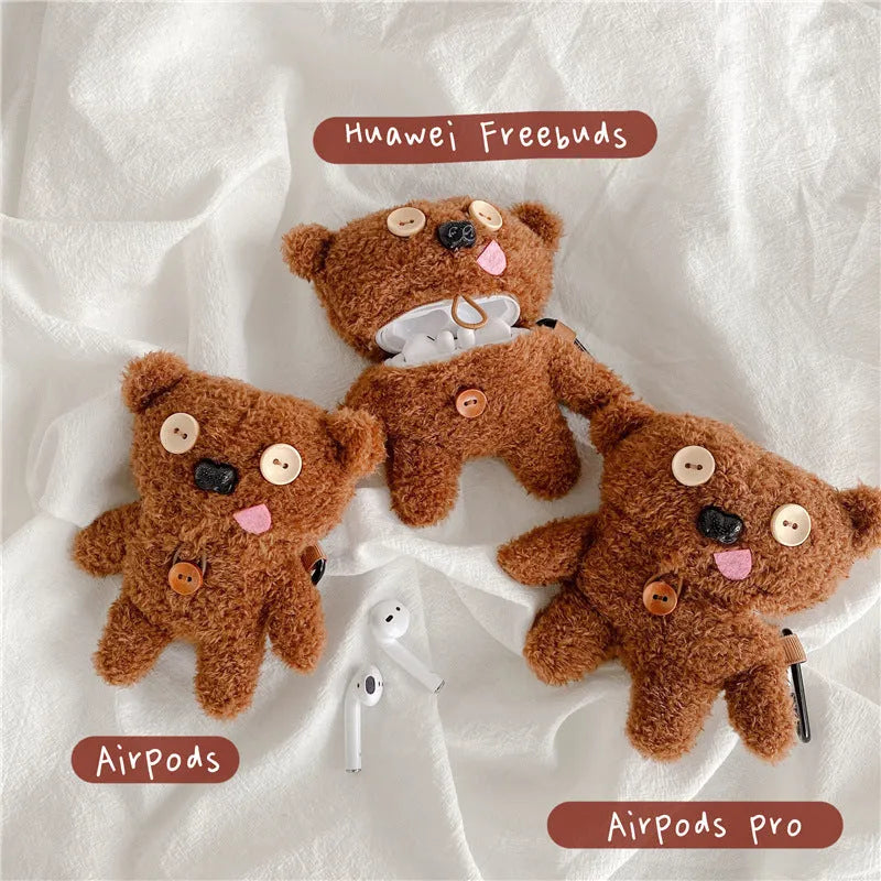 Brown plush button tongue bear earphone case for AirPods and FreeBuds, flip type design