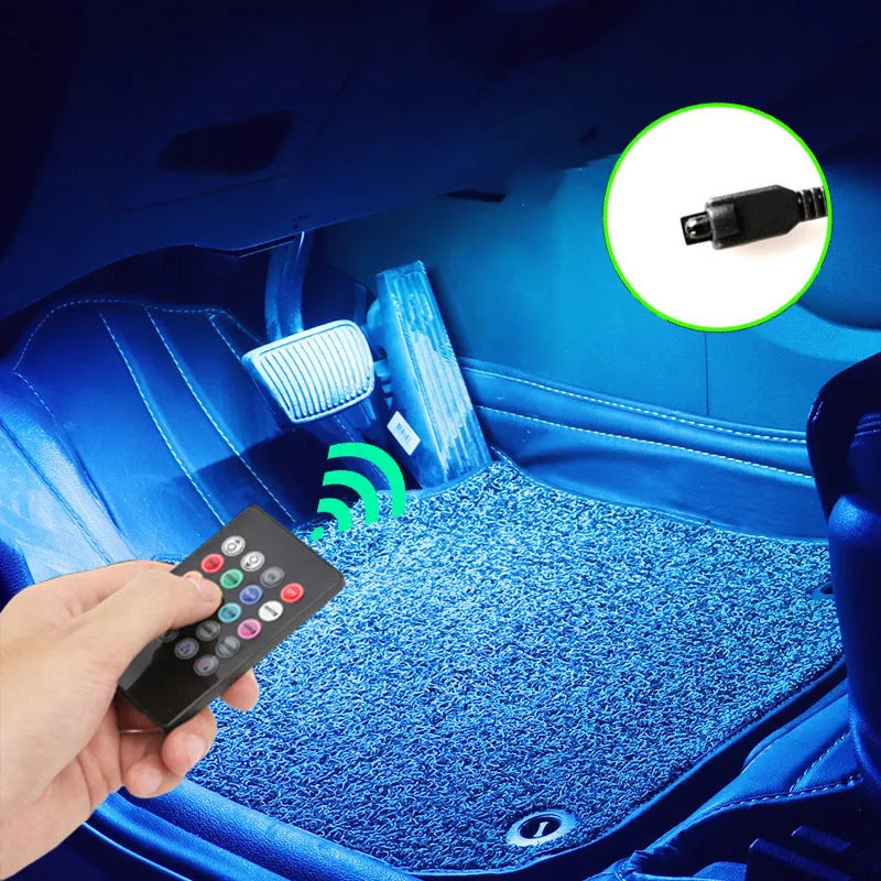 Universal car footwell LED atmosphere light strip with voice and app control for eight colours.