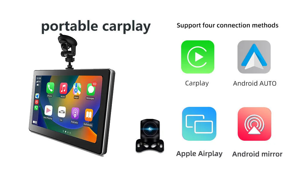 7-inch wireless carplay projection camera with 170° wide angle lens and touch screen on car dashboard