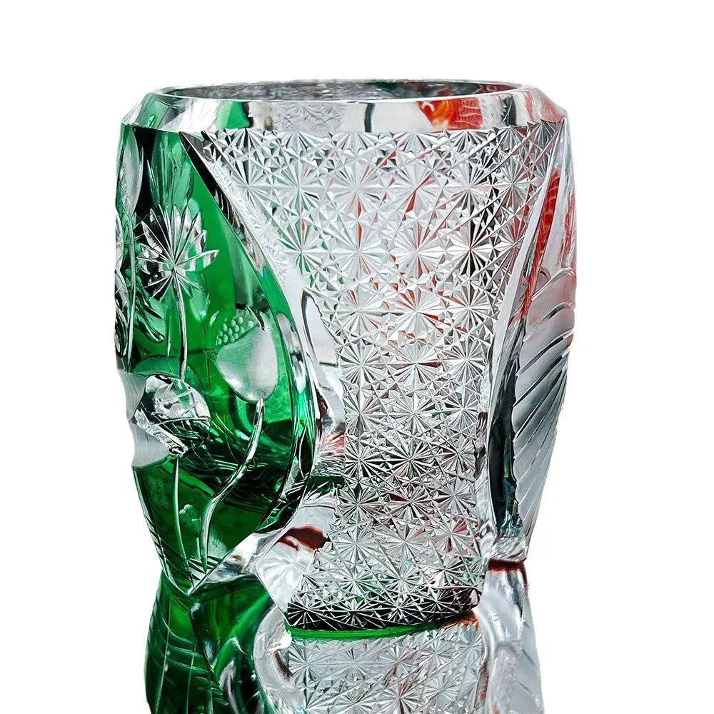 Edo crystal glass whiskey shot glass carved pattern cylindrical assorted yellow green on surface