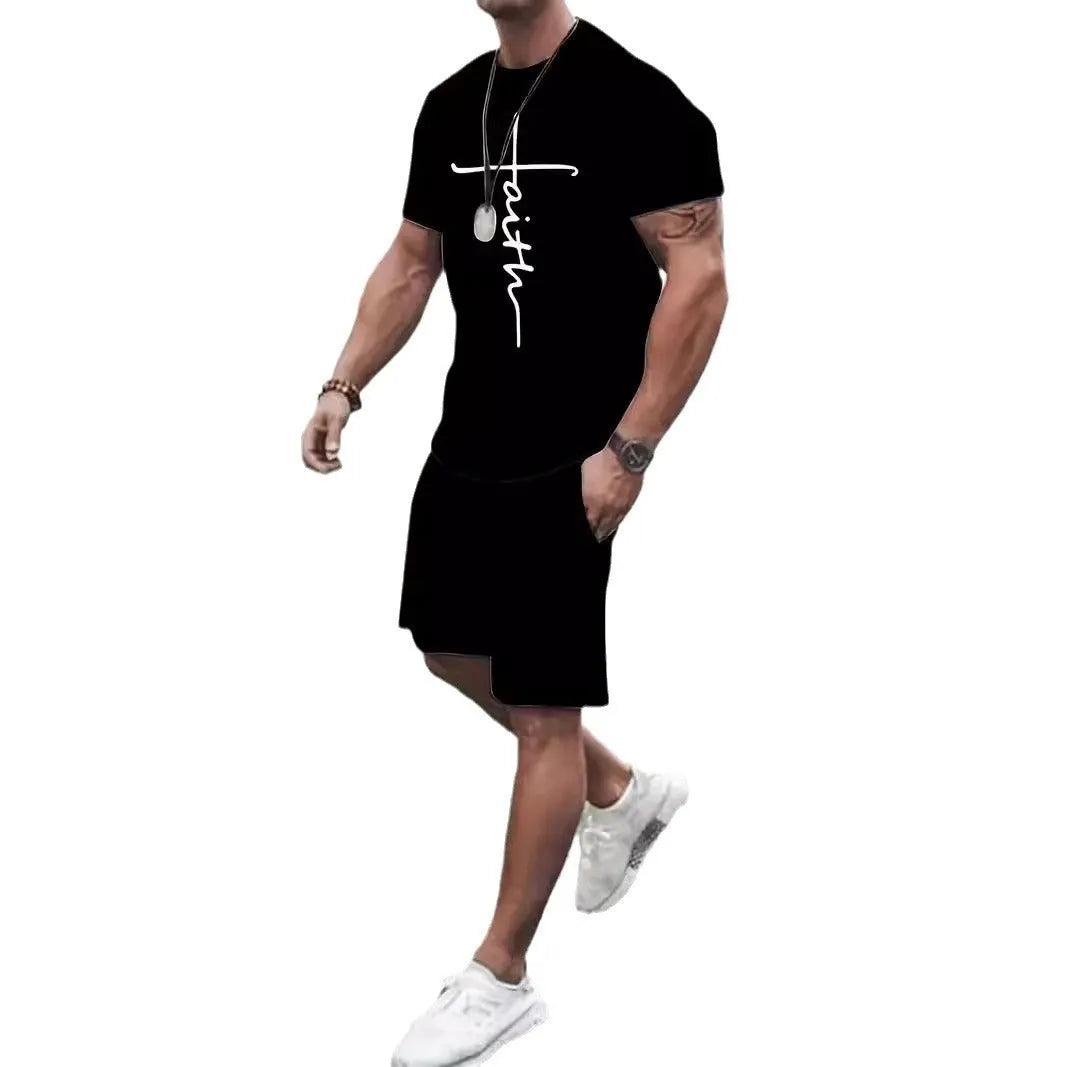 Casual sports suit round neck short sleeve 3D digital print two-piece set polyester fibre summer
