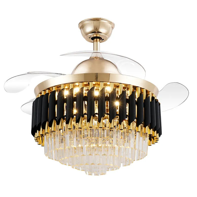 Crystal chandelier style ceiling fan with LED lights and wooden fan blades mounted on a white ceiling.