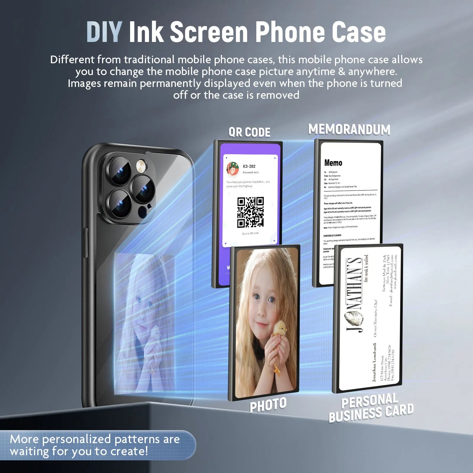 Black iPhone 15 Pro Max flip case with NFC ink screen showing custom text
